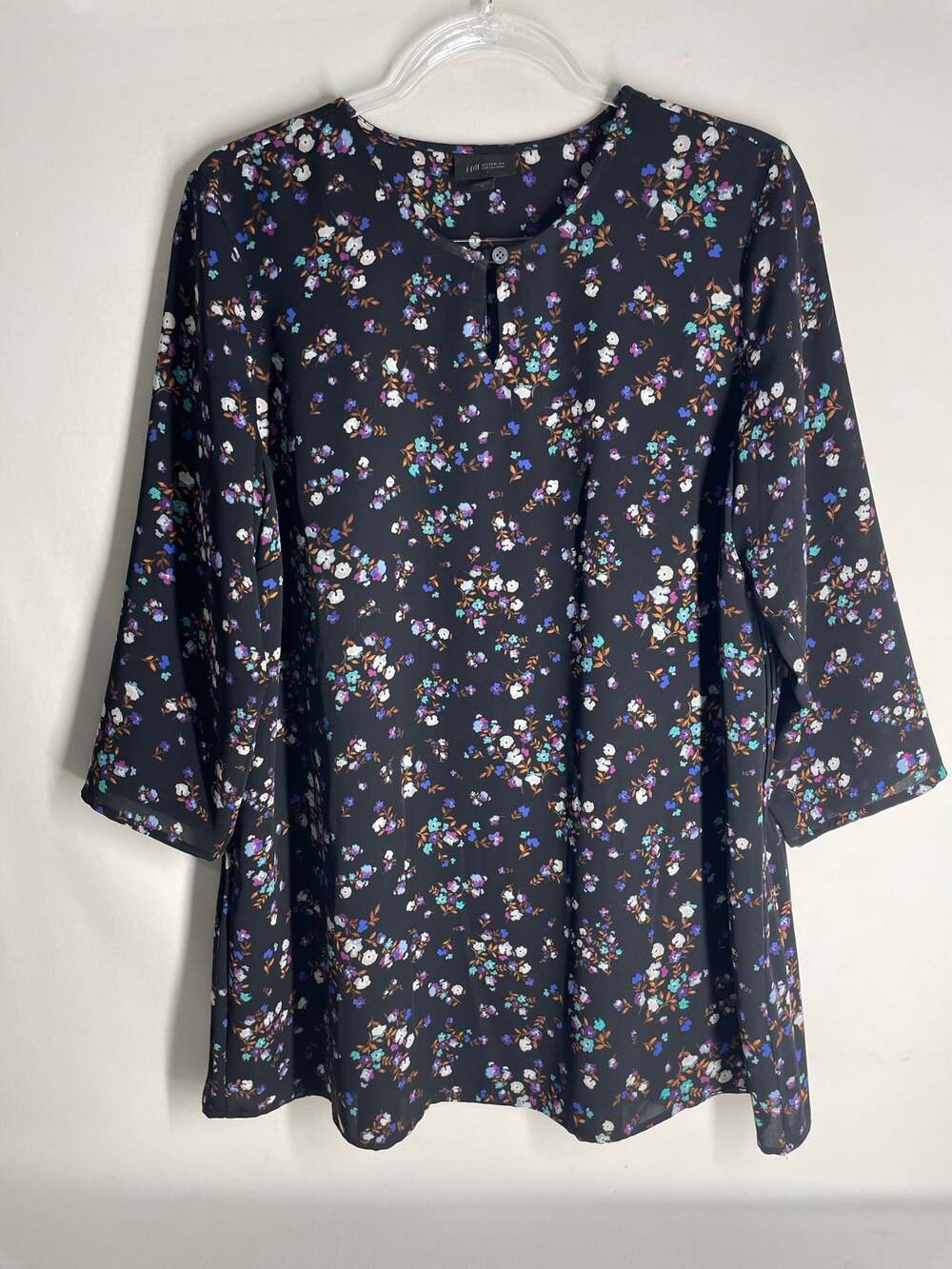 J.Jill Wearever Black Ditzy Floral 3/4 Sleeve Flowy Blouse Pleated Back Medium